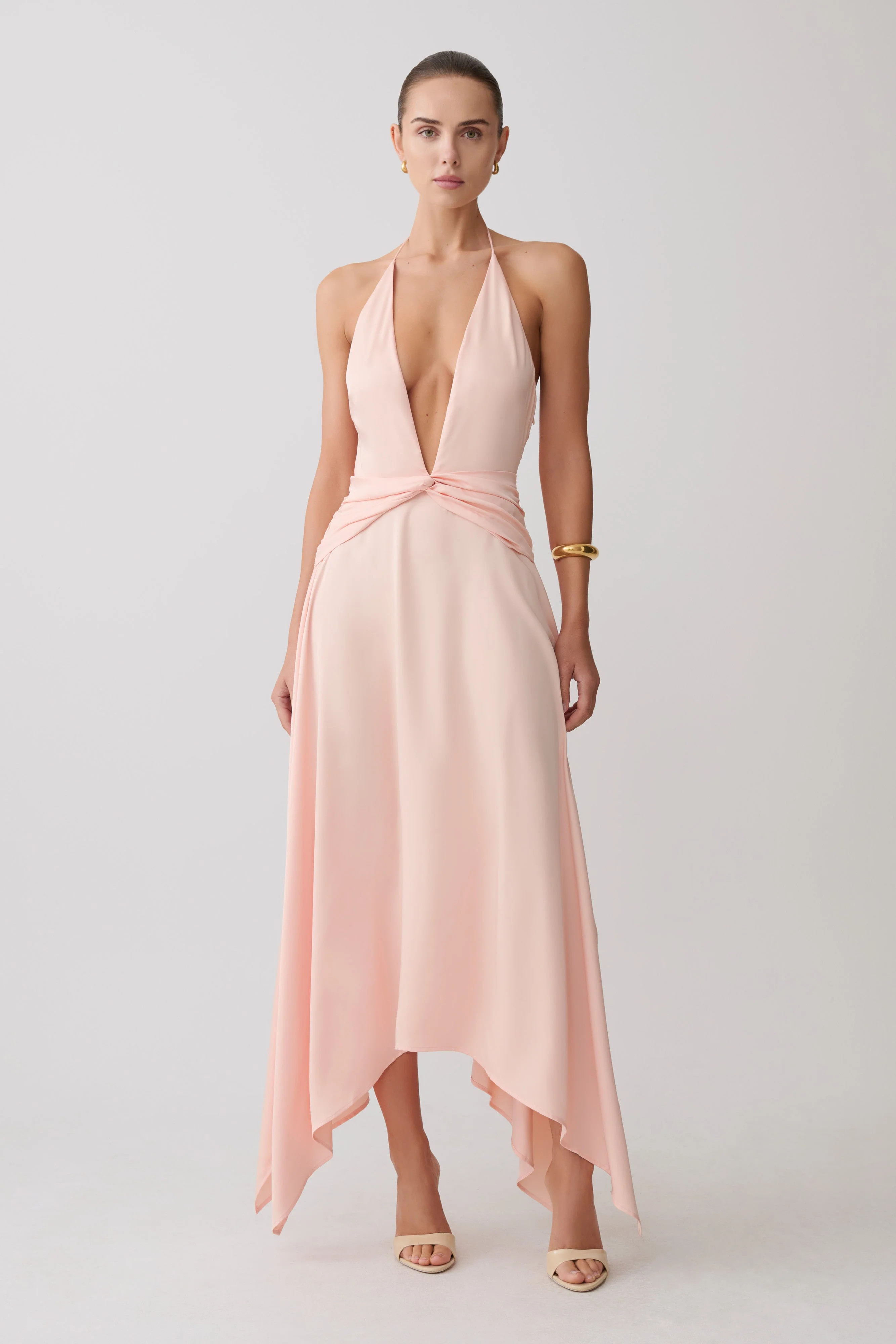 Cyra Plunge Satin Midi Dress - Peach | Meshki UK