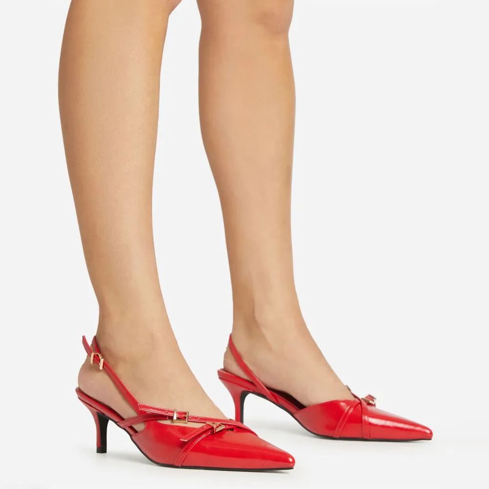 Quin Buckle Detail Pointed Toe Slingback Kitten Court Heel In Red Faux Leather | Ego Shoes (UK)