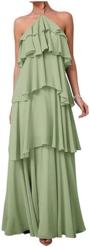 SOLY HUX Women's Sundresses Ruffle Layered Halter Flowy Maxi Dress Elegant Wedding Guest Dresses | Amazon (US)
