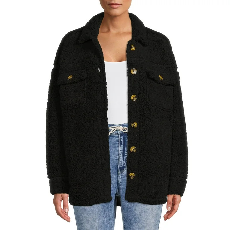 No Boundaries Juniors' Faux Sherpa Shacket | Walmart (US)