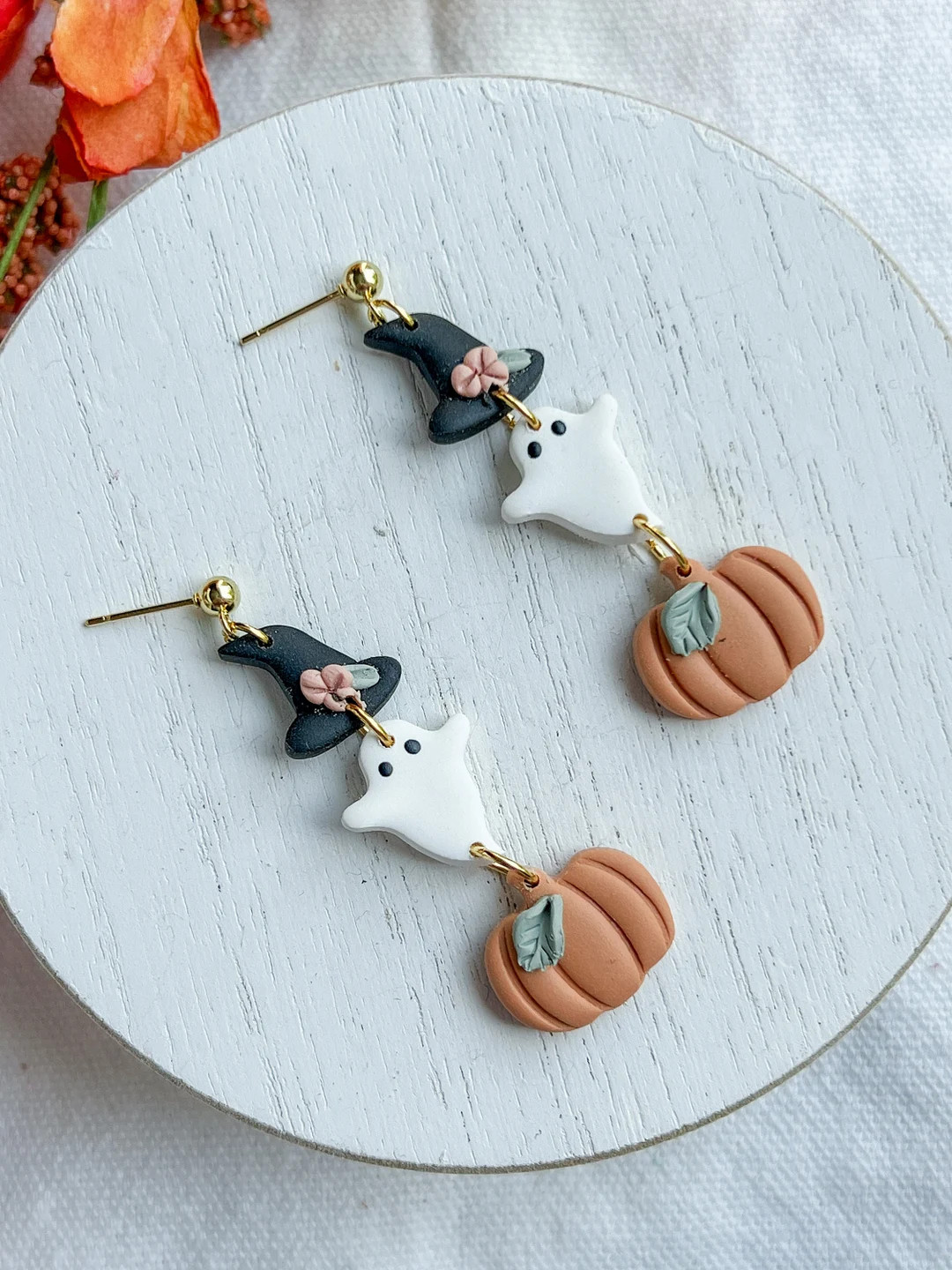 Three Tiered Halloween Polymer Clay Earrings Floral Witch Hat, Ghost, Pumpkin Dangles Simple Spoo... | Etsy (US)
