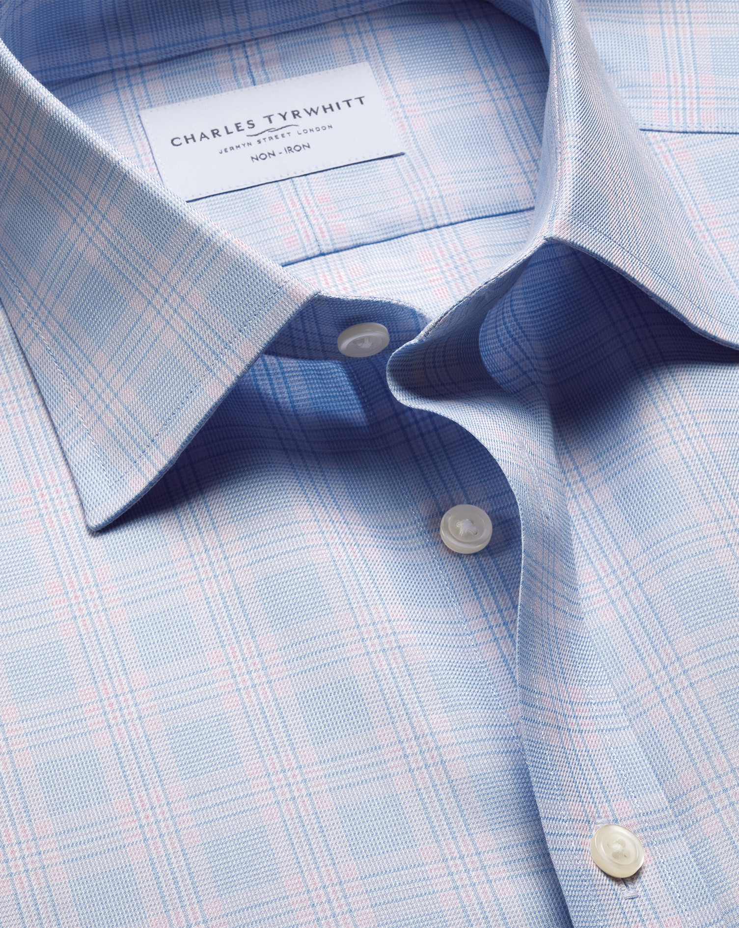 Non-Iron Twill Prince of Wales Check Shirt \u2013 Sky Blue & Pink | Charles Tyrwhitt