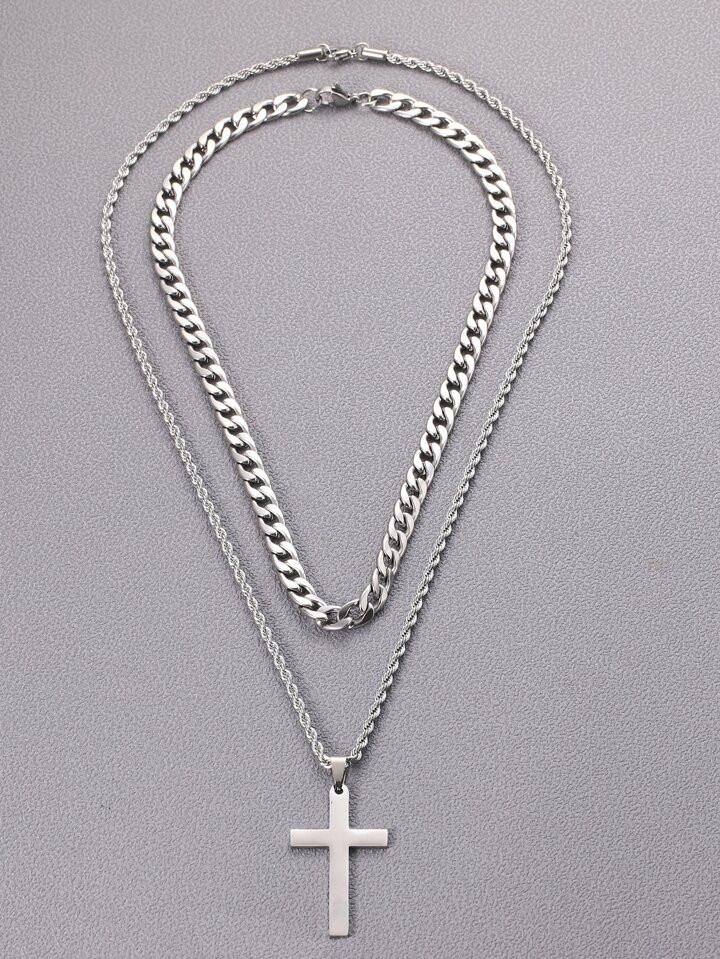 Fashionable and Popular 2pcs Men Stainless Steel Cross Decor Necklace for Jewelry Gift and for a ... | SHEIN