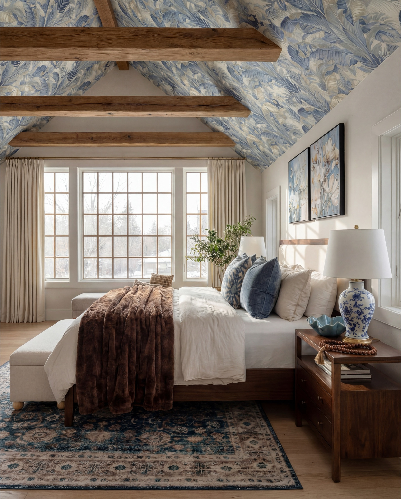 Shop The Look
• Warm-wood platform bed with upholstered headboard
• White duvet + layered blue accent pillows
• Brown faux-fur throw blanket
• Upholstered storage bench at the foot of the bed
• Matching warm-wood nightstands
• Blue ceramic table lamps
• Blue decor bowl
• Bead garland decor
• Stack of books (nightstand styling)
• Floral artwork pair above the bed
• Blue patterned area rug
• Built-in window bench with plaid pillow
• Potted floor plant in ceramic planter
• Blue botanical ceiling wallpaper with exposed wood beams

#LTKSaleAlert #LTKFindsUnder100 #LTKHome