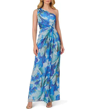 Adrianna Papell One Shoulder Sleeveless Floral Chiffon Drape Waist Sheath Gown | Dillard's | Dillard's
