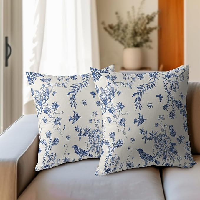Kawani Chinoiserie Pillow Covers 18x18 Inch Set of 2 Blue Floral Bird Decorative Throw Pillows Vi... | Amazon (US)