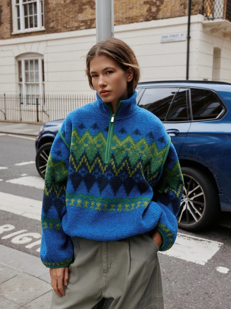 Blue/Green Fairisle Quarter Zip Borg Jacket | Next US