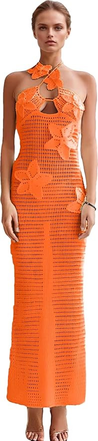 RanRui Women's Halter 3D Flower Knitted Hollow Out Beach Dress balckless Open Back Swimsuit Cover... | Amazon (US)