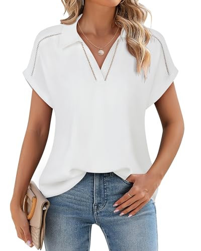 Timeson White Blouses for Women Dressy： Women's Business Casual Clothing - Short Sleeve Dress Shirt - Work Attire for Women Office Chiffon Blouse Interview Outfits Ladies Professional Tops White M | Amazon (US)