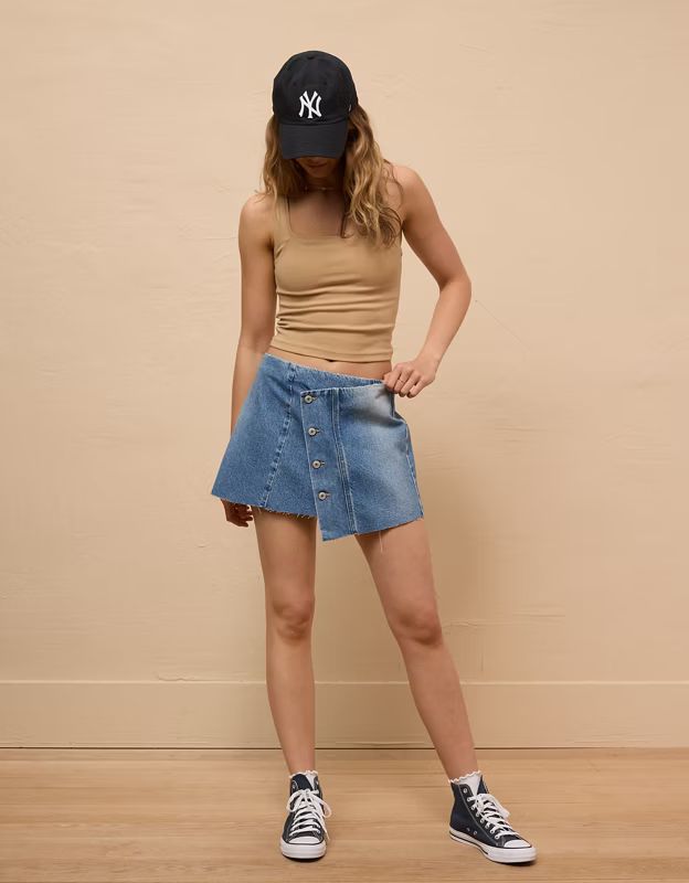 AE Stretch Asymmetric Low-Rise A-Line Denim Mini Skirt | American Eagle Outfitters (US & CA)