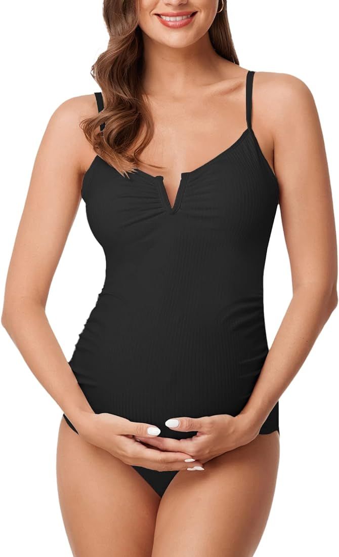 Summer Mae Maternity One Piece Swimsuits Ribbed V-Wired Pregnancy High Cut Bathing Suits | Amazon (US)