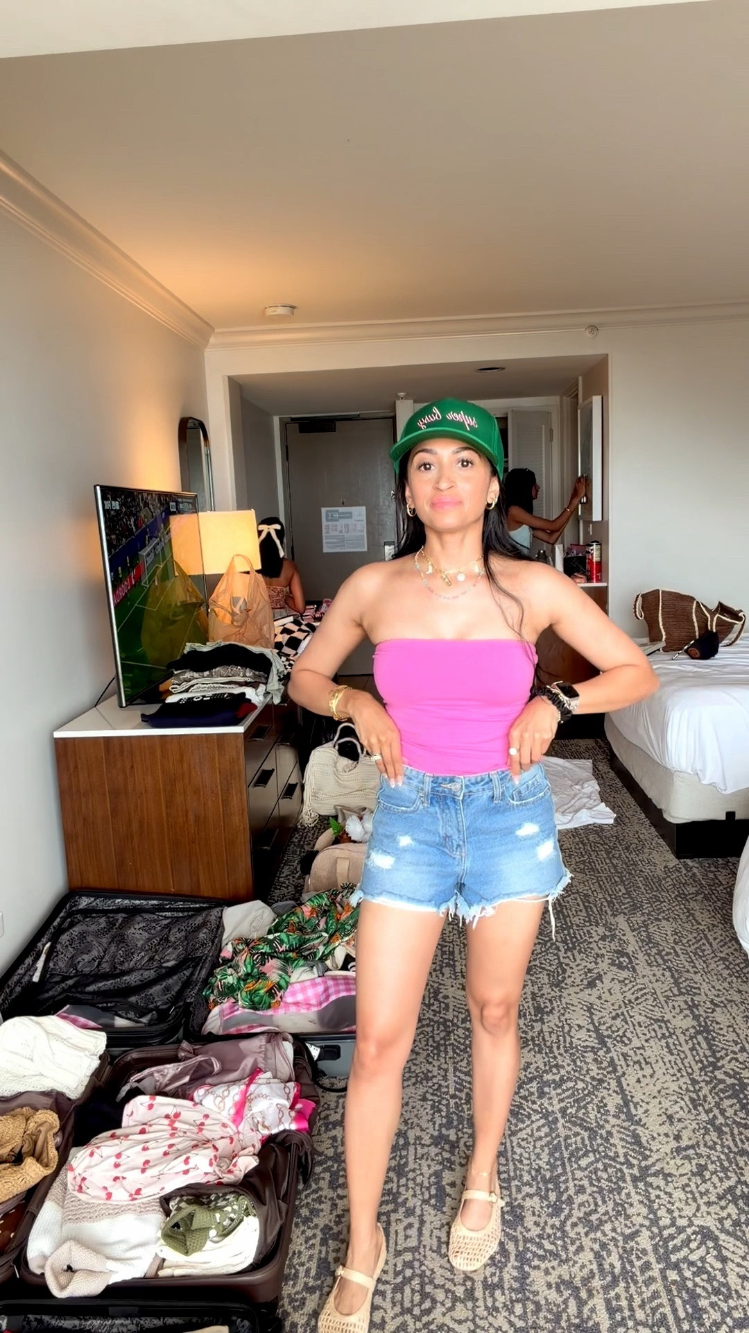 Summer outfit
Causal outfits 
Pink top denim shorts green hat

#LTKootd #LTKTravel #LTKSaleAlert