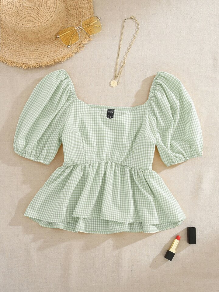 SHEIN VCAY Puff Sleeve Ruffle Hem Gingham Blouse | SHEIN