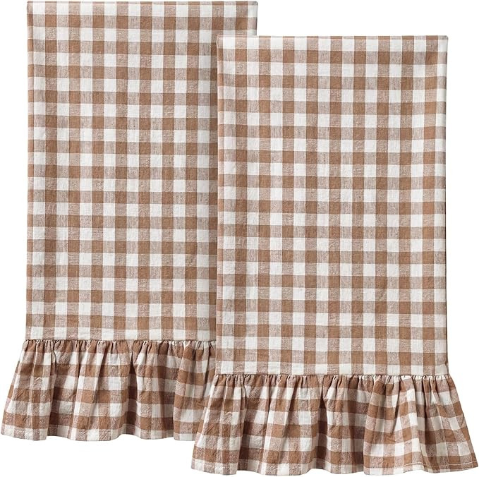 HunnmingRe Taupe Kitchen Towels Set of 2, 100% Cotton Ruffled Gingham Dish Towels 18"x28" Absorbe... | Amazon (US)