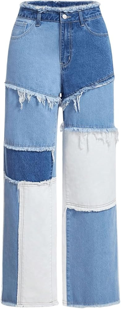 WDIRARA Women's Color Block Raw Trim Zipper Fly Denim Pants Straight Leg Patchwork Jeans | Amazon (US)