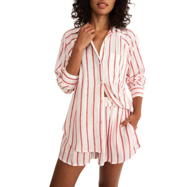 Women's Z Supply Perfect Linen Striped Long Sleeve Button Up Shirt Medium Cabana Red | Scheels