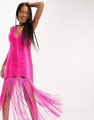 ASOS DESIGN fringe shift midi dress with cut out detail in pink | ASOS | ASOS (Global)
