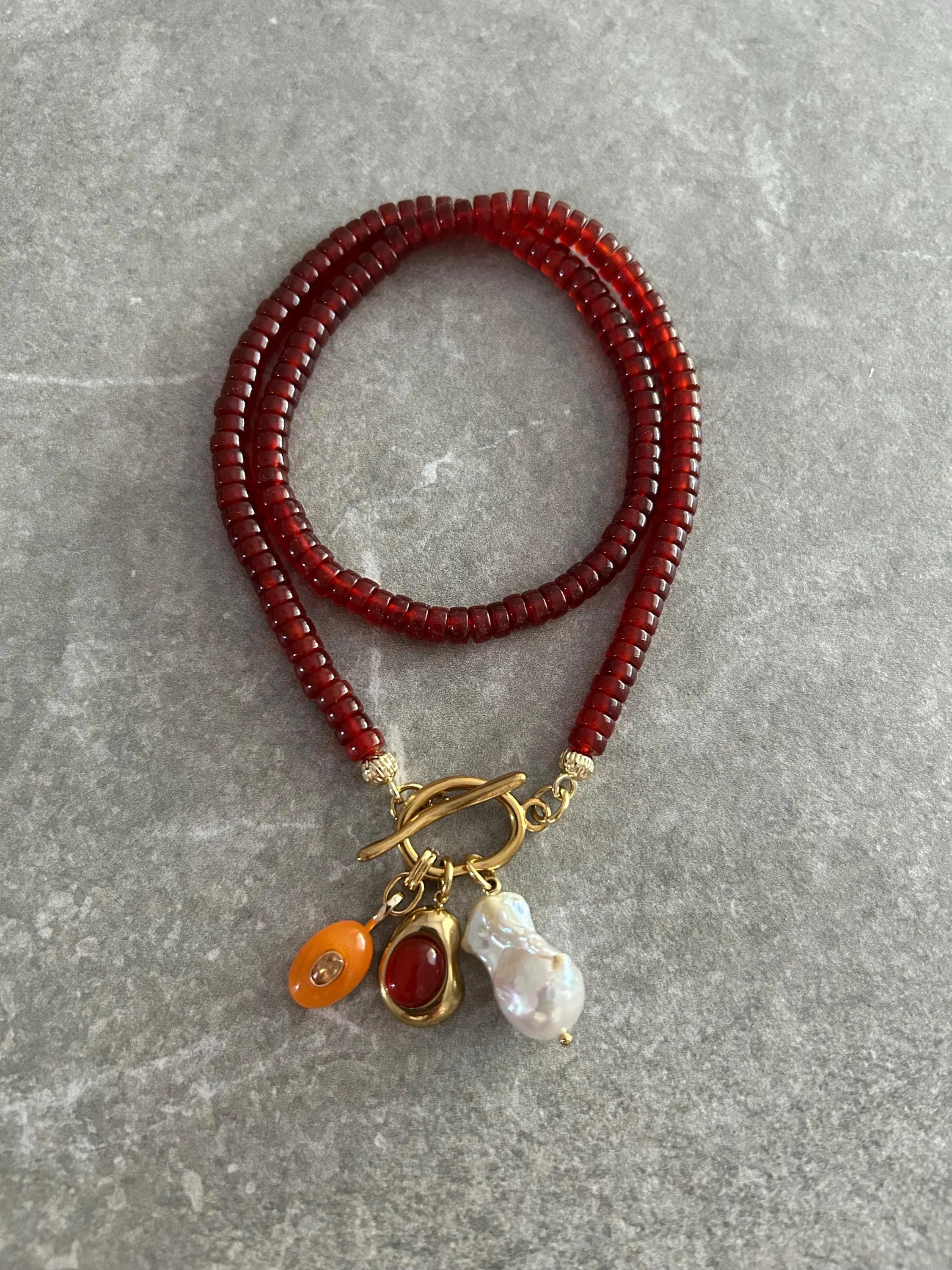 Red Agate Beaded Necklace: Baroque Pearl & 18k Gold Plated Charms | Etsy (Global)