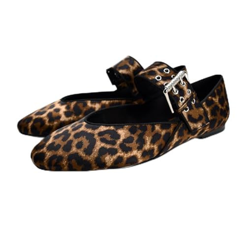 DOEYG Leopard Ballerina Flats Shoes for Women Animal Print Mary Jane Flats Round Toe Dressy Casual Comfortable Suede Ballet Shoes with Buckle Strap | Amazon (US)