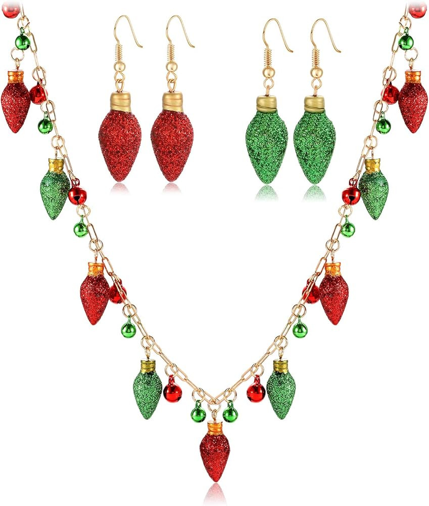 Christmas Necklace Red Green Glitter Christmas Light Bulb Necklace Earrings Set Long Christmas Necklace Holiday Jewelry | Amazon (US)