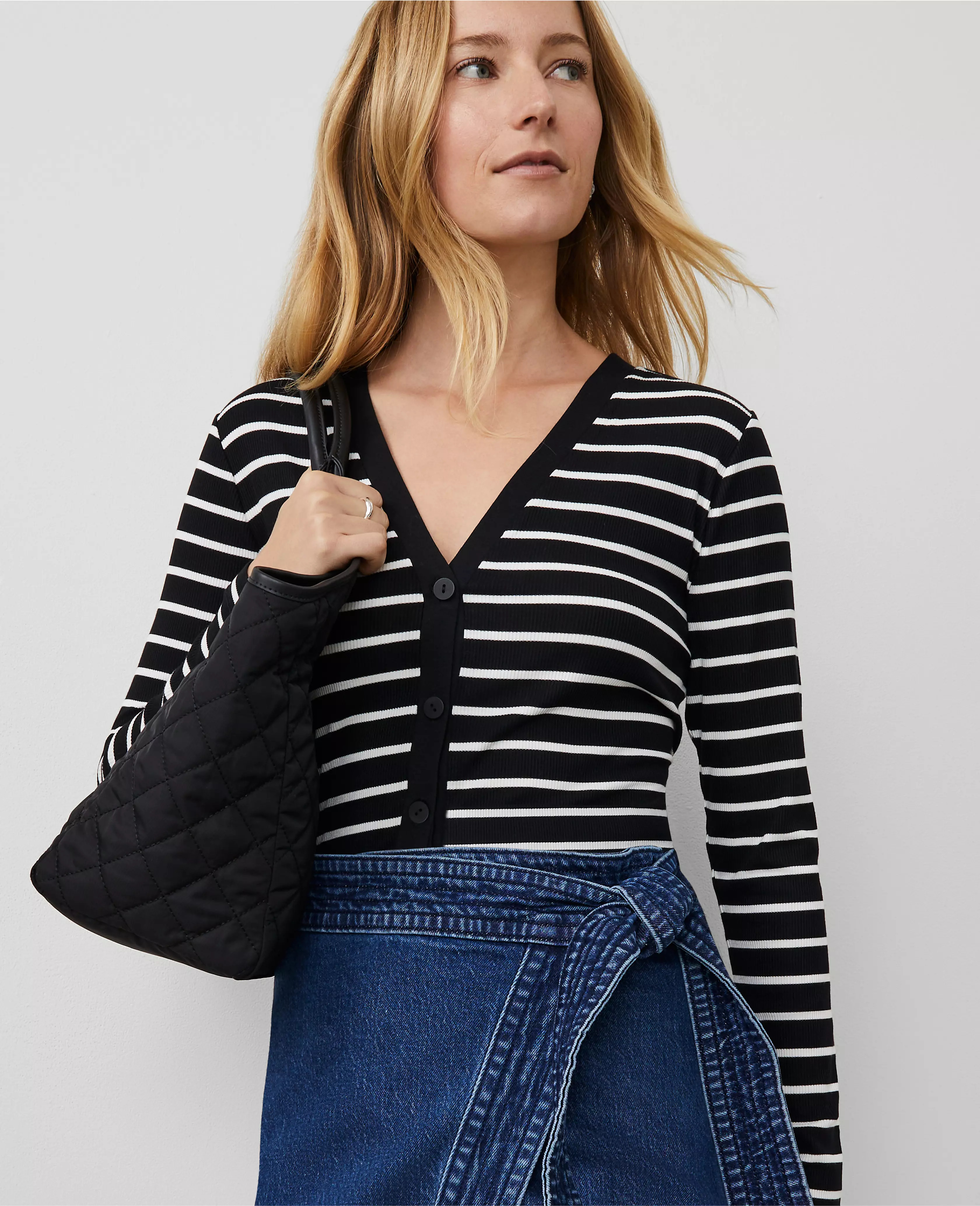 Striped V-Neck Cardigan | Ann Taylor