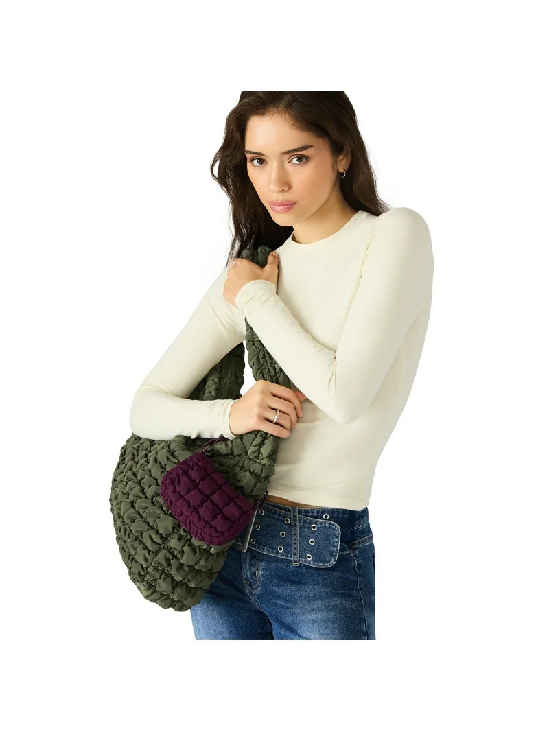No Boundaries Women's Quilted Puffer Oversized Shoulder Hobo Bag, Olive | Walmart (US)