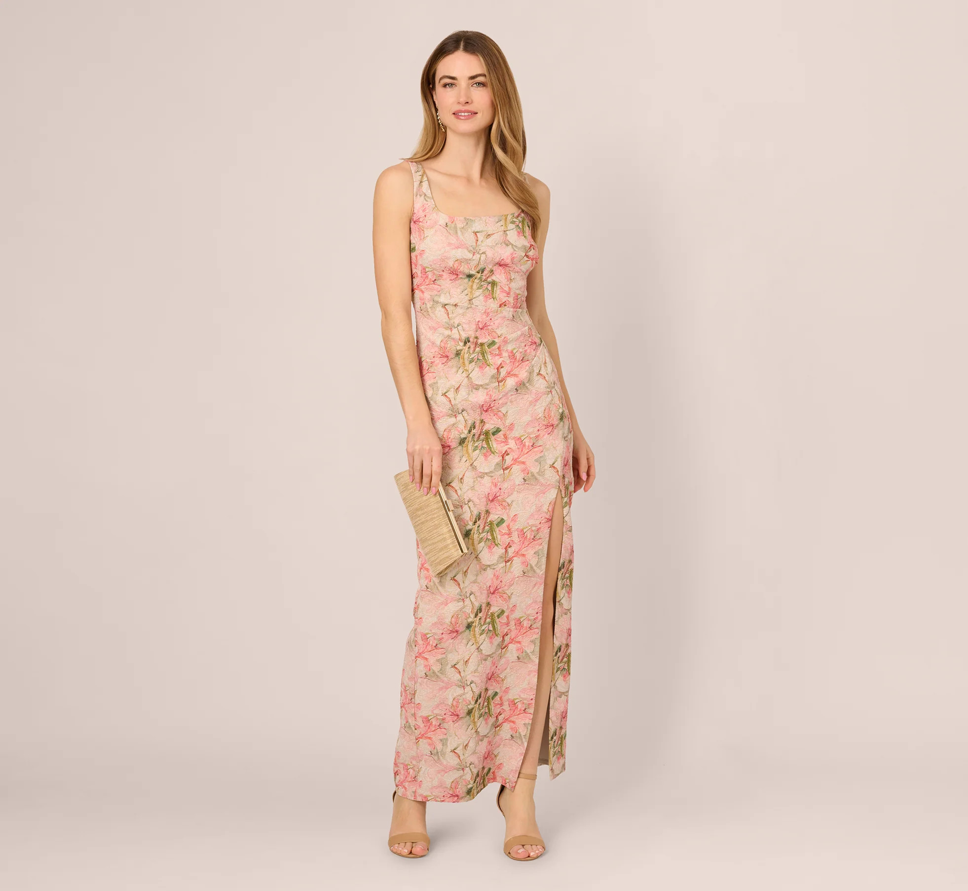 Sleeveless Metallic Floral Matelasse Gown In Coral Multi | Adrianna Papell