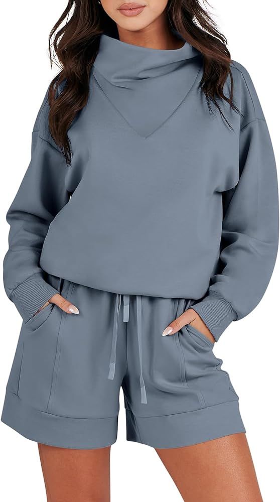 Caracilia Women 2 Piece Outfits Loose Sweatsuits Fashion Cowl Neck Sweatshirts & Shorts Set Loung... | Amazon (US)