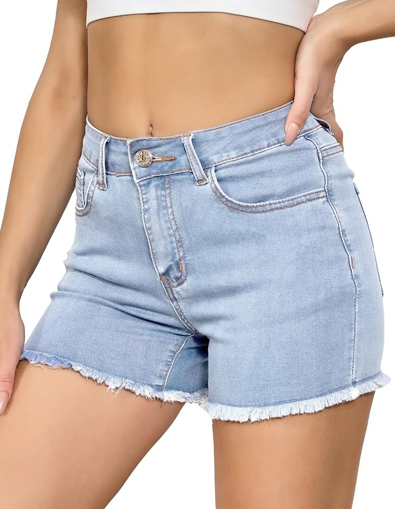 VIPONES Women Mid Rise Jeans Shorts Frayed Raw Hem Summer Stretchy Casual Denim Shorts | Amazon (US)