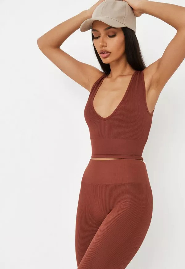 Missguided - Terracotta Co Ord Seamless Rib V Neck Sports Bra | Missguided (US & CA)
