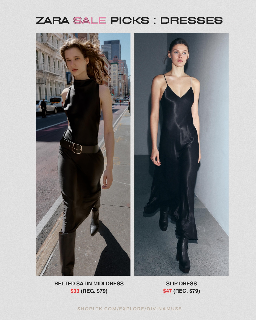 another zara sale pick for dresses under $50! 
- belted satin midi dress. high neck, nice to pair with knee high leather boots like in the photo 
- shiny satin-effect slip dress  

 #LTKootd #LTKSaleAlert #LTKFindsUnder50