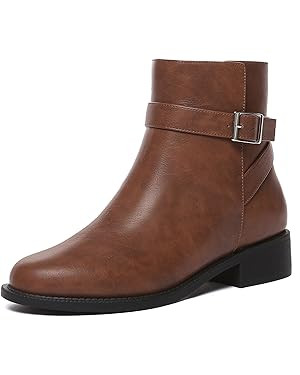 Athlefit Women's Ankle Boots Chunky Low Heel Fashion Round Toe Side Zipper Buckle Booties | Amazon (US)