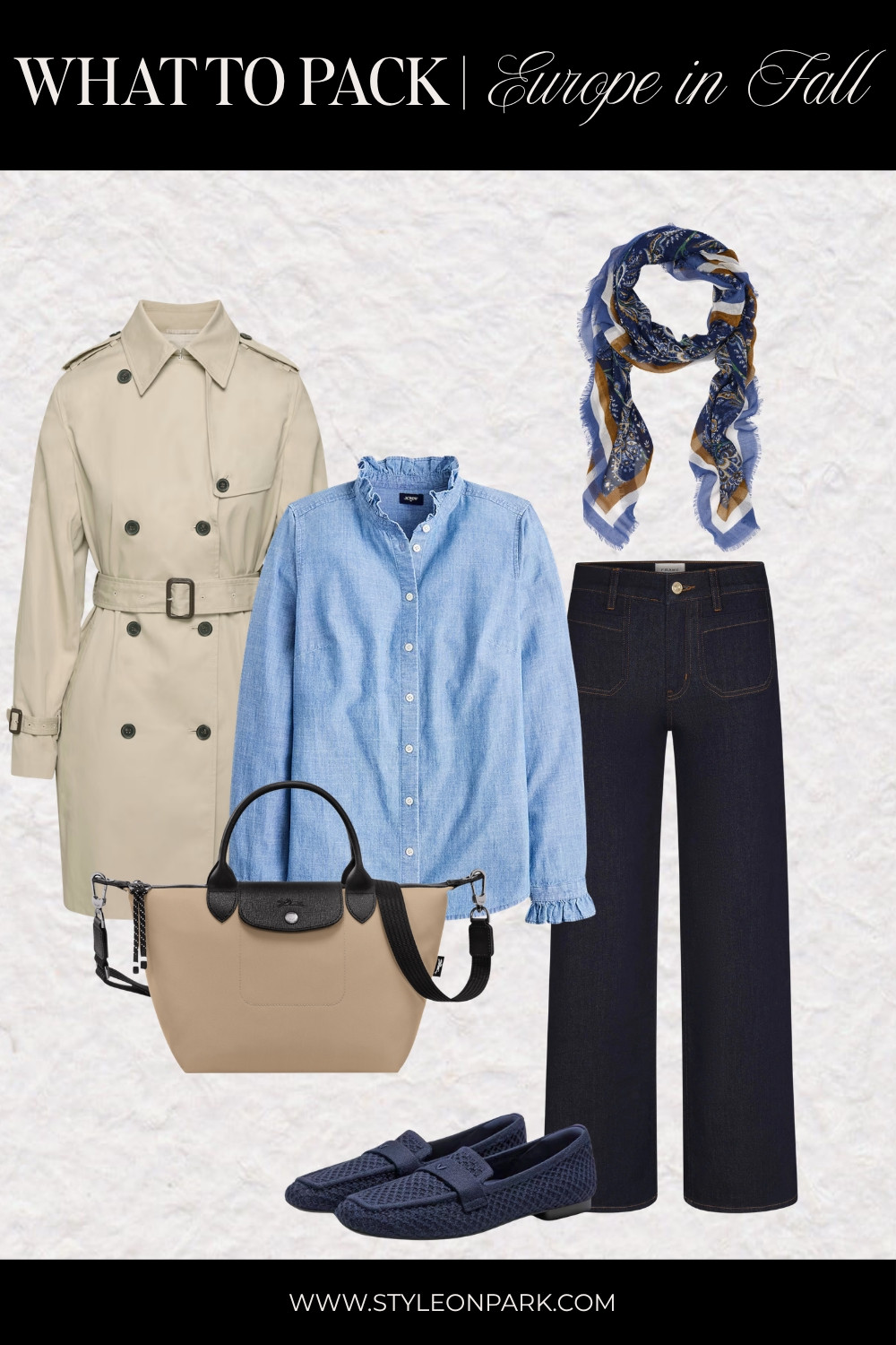What to Pack | What to Wear This Fall:  A casual day of sightseeing that can go straight to a cafe for a casual dinner.  Trench coat, ruffle-trim blouse, dark-wash denim, loafers, tote, and scarf. 

 #LTKSeasonal #LTKWorkwear #LTKTravel