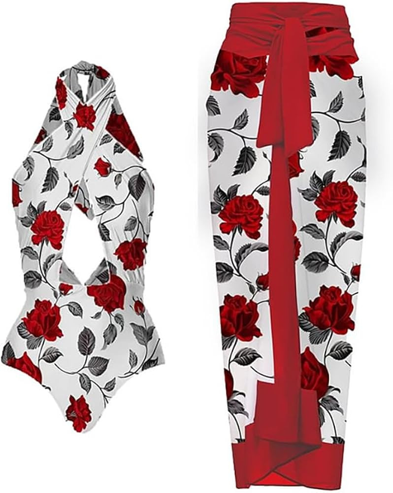 IMEKIS Womens 2 Piece Swimsuit with Cover Ups Set Retro Floral Print One Piece Swimwear Sarong Su... | Amazon (US)