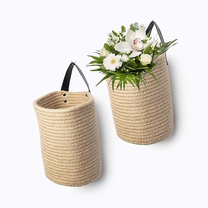 Jute Hanging Storage Basket - Jute Rope Woven Storage Bins | Hanging Wall Basket with Leather Han... | Amazon (US)