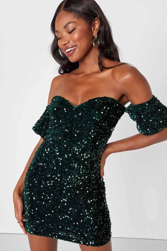 All Aglitter Emerald Green Sequin Off-the-Shoulder Mini Dress | Lulus (US)