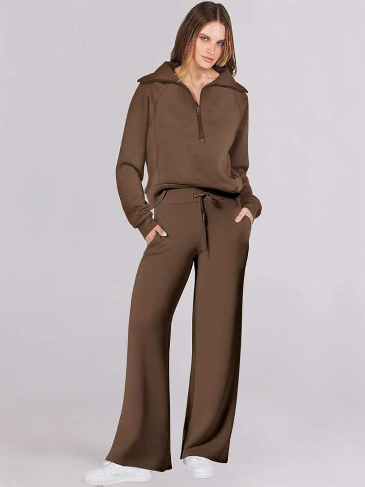 Caracilia Women Two Piece Outfits Sweatsuit Set Quarter Zip Oversized Sweatshirt Wide Leg Sweatpant  | Amazon (US)