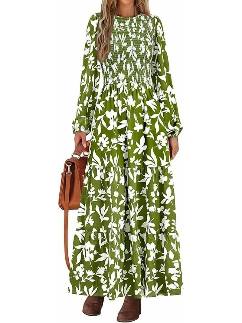 PRETTYGARDEN Women's Fall Dresses Long Sleeve Flowy Casual Floral Maxi Dress Crew Neck Smocked Ti... | Walmart (US)