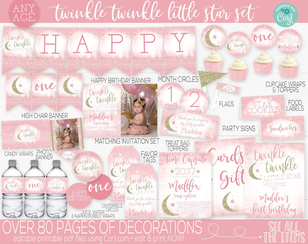 Editable Twinkle Twinkle Little Star Birthday Party Decorations and Invitation, Girls First Birth... | Etsy (US)