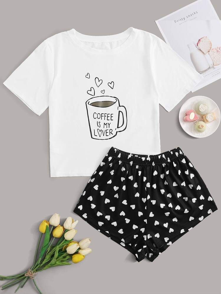 Slogan & Heart Print Tee With Shorts PJ Set | SHEIN