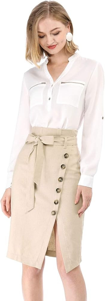 Allegra K Women's Button Decor Split Belted Smocked Vintage Short Pencil Skirt | Amazon (US)