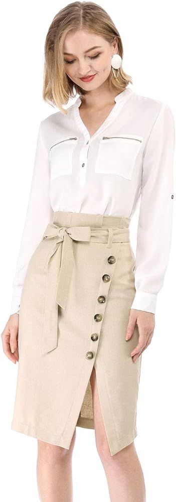 Allegra K Women's Button Decor Split Belted Smocked Vintage Short Pencil Skirt | Amazon (US)