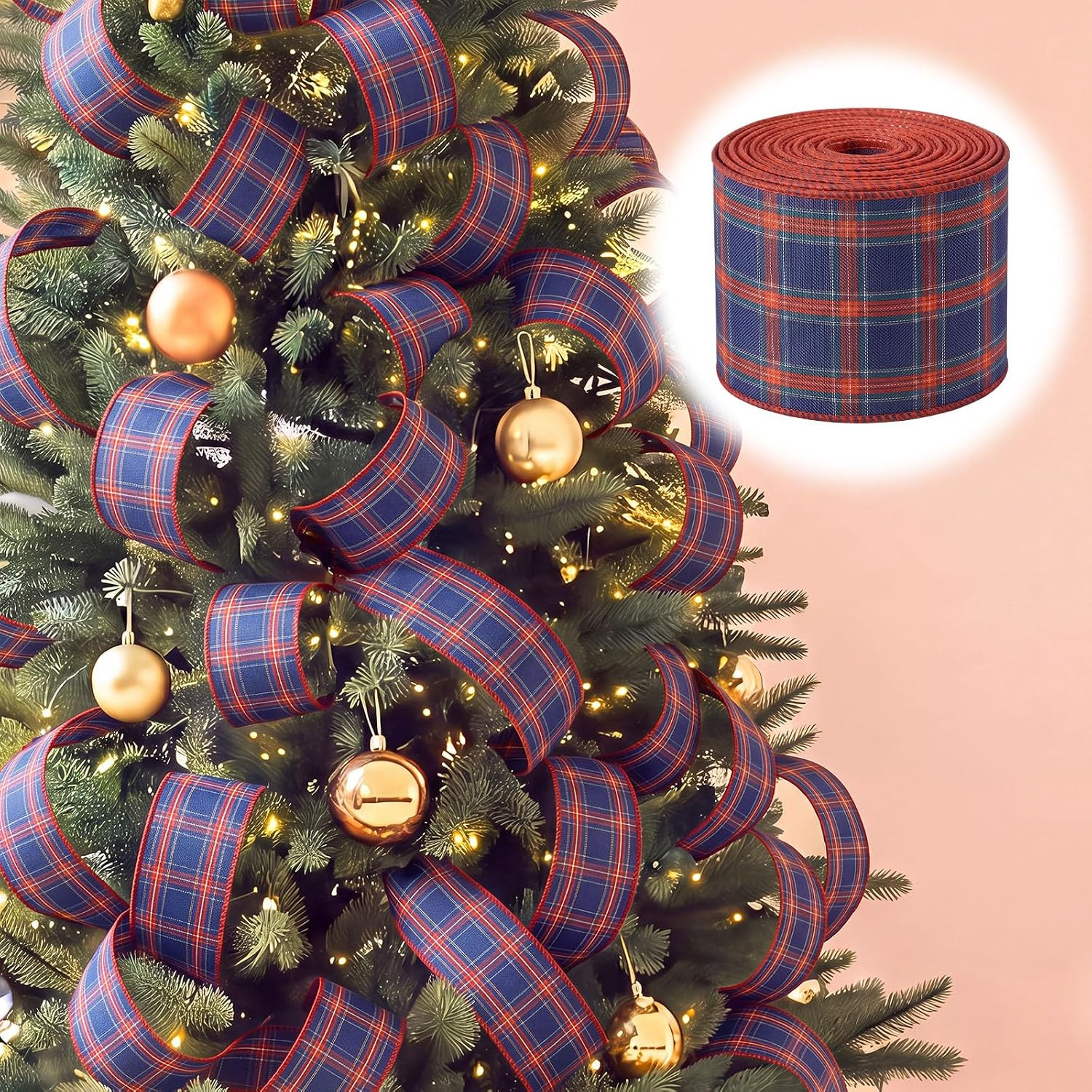Fanfanwin Christmas Scottish Tartan Plaid Ribbon Wired 2.5'' x 13 Y, Blue | Amazon (US)