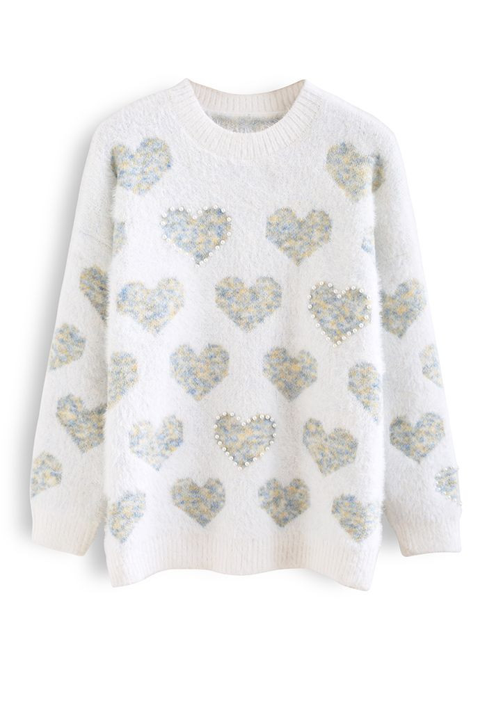 Fuzzy Blue Heart Pearl Trim Knit Sweater | Chicwish