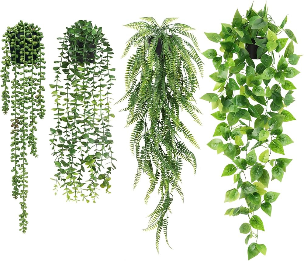 JPSOR Fake Hanging Plants, 4pcs Artificial Potted Greenery Faux Eucalyptus Vine Fern Pothos Ivy i... | Amazon (US)
