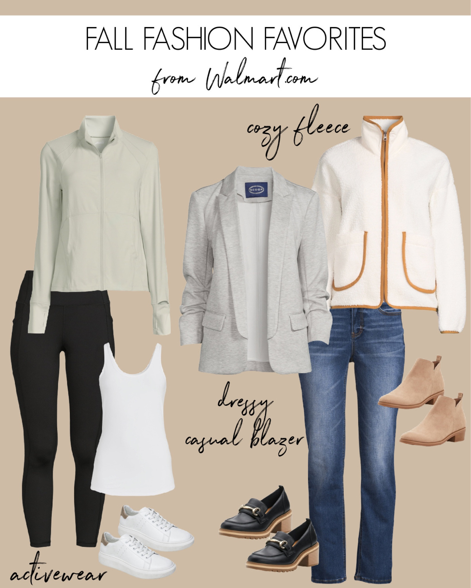 Three of my favorite fall outfits from @WalmartFashion! (#WalmartPartner) from activewear (the full zip jacket is the prettiest shade of green!) to the perfect dressy casual blazer, cozy fleece jacket, loafers, booties, and platform sneakers. And the price on all of these pieces is 👍🏻. #WalmartFashion

Fall fashion, fall outfits, work outfits, teacher outfits

#LTKSeasonal #LTKstyletip #LTKover40