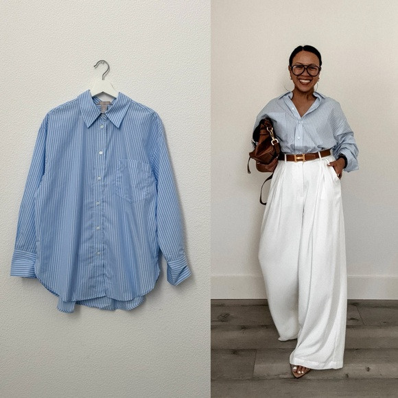 Blue Striped Oversized Button-Up Shirt (S, M) | Poshmark