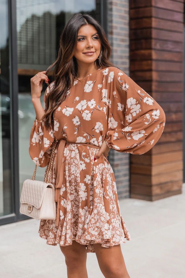 Meet Halfway Rust Long Sleeve Floral Dress | Pink Lily