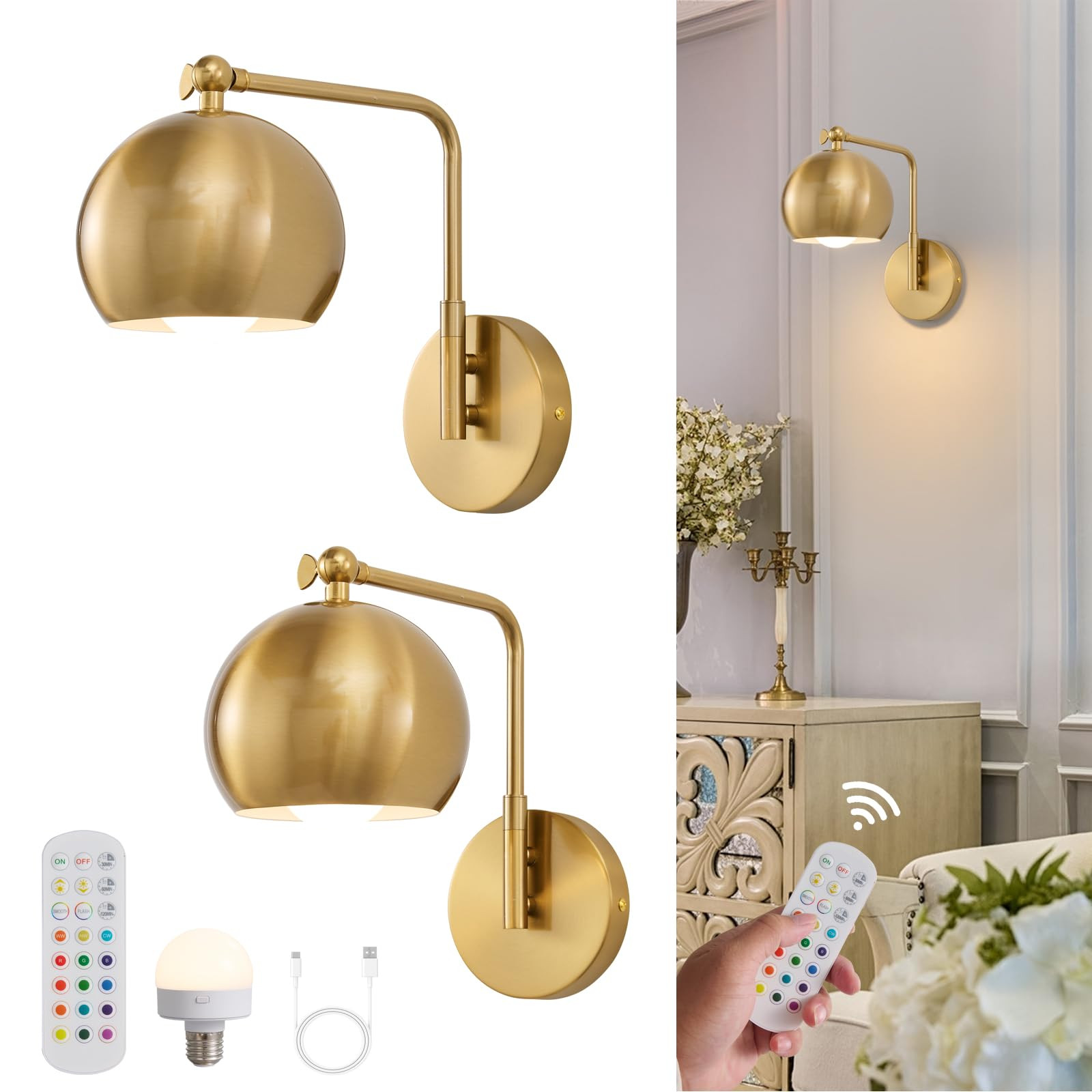Gold Battery Operated Wall Sconces Set of 2, Rechargeable Cordless Wall Light Fixture with Remote... | Amazon (US)