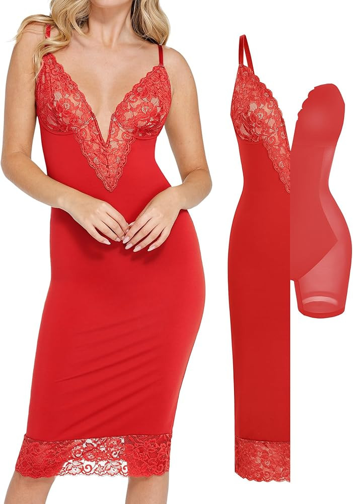 Popilush Corset Lace Shapewear Dress Deep V Bodycon Midi Dresses for Women Satin Drape Slip Club ... | Amazon (US)